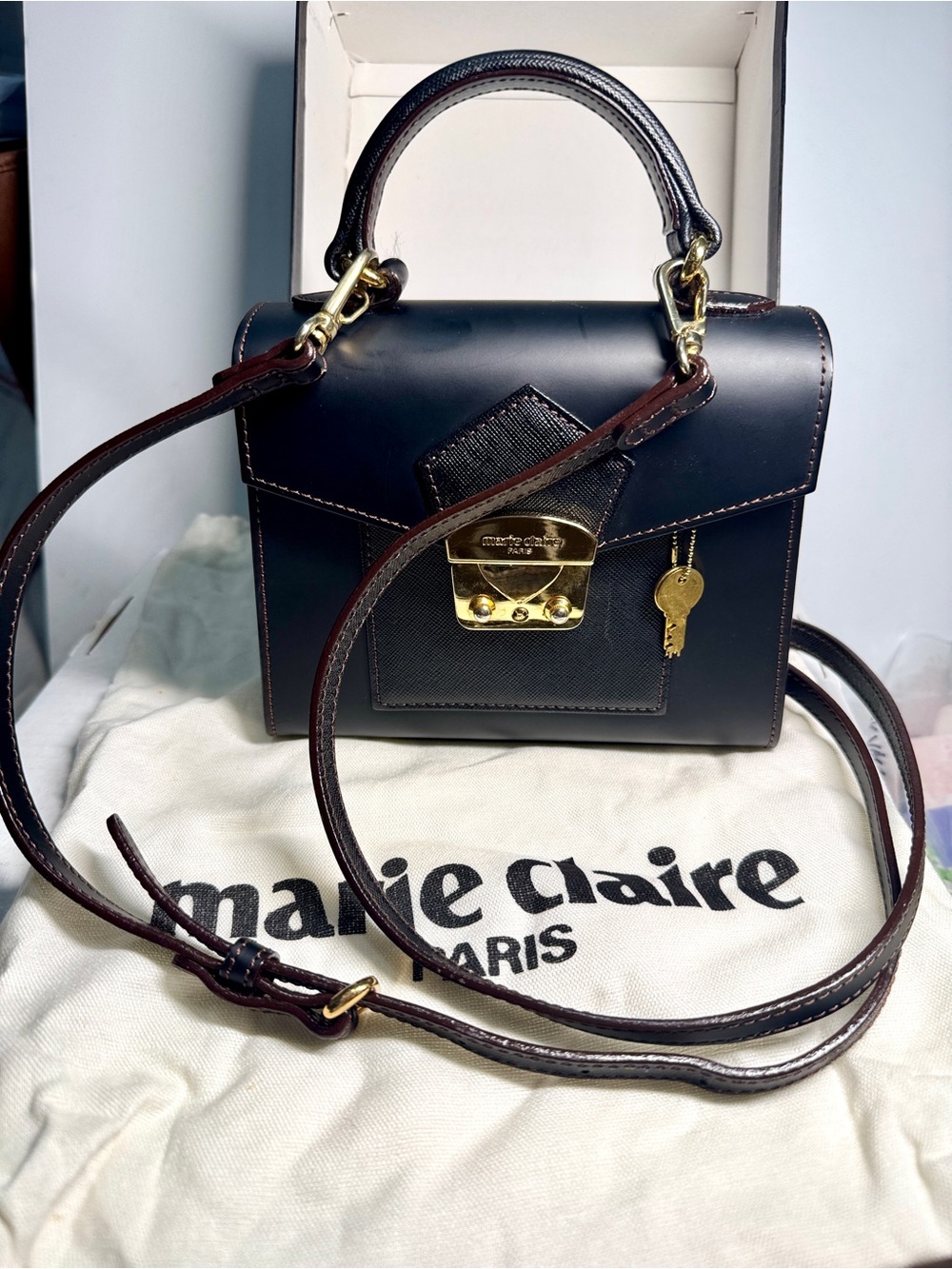 Marie Claire Black Leather Top-Handle Crossbody wGold Lock and keys box dust bag